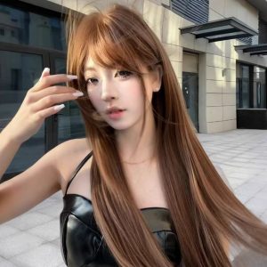 Warm Brown Long Straight Wig with Bangs for Women