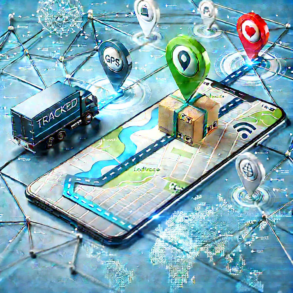 modern, digital-style image representing product tracking. The image shows a product being tracked along its delivery route. A package is shown trav