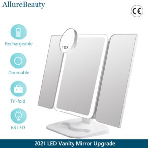 Trifold LED Makeup Mirror – 10X Zoom, 180° Rotate
