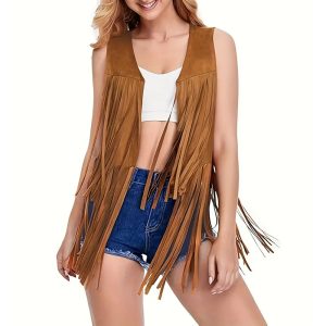 Plus size woman in western fringe suede vest