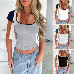 Y2K Sexy Slim U-neck Short Sleeve Top – Trendy Contrast Color Women’s Clothing