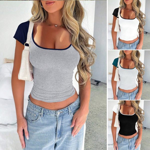 Y2K Sexy Slim U-neck Short Sleeve Top – Trendy Contrast Color Women’s Clothing