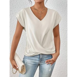 Women's Short Sleeve V-Neck Blouse – Comfy Twist Knot Summer Top