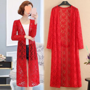 Elegant Lace Trench Coat with Long Sleeves & Mid-Length Shawl – Plus Size Women’s Fashion