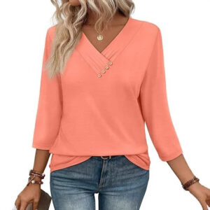 European & American Women’s Autumn Button V-Neck Casual Pleated Sleeve T-Shirt – Cotton Pullover Top S-XXL