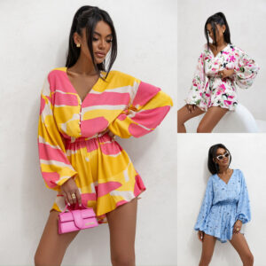 Printed V-Neck Lantern Sleeve Wide Leg Jumpsuit for Women