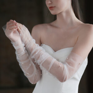 White Long Style Bridal Gloves on bride's hands