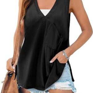 Fisoew Womens Summer V Neck Tank Top – Sleeveless Casual Loose Flowy Tunic T Shirt for Workout, Yoga, Hiking & Everyday Wear