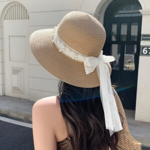 Lace Bow Pearl Big Brim Sun Hat for Women – Breathable, Sunscreen, Vacation & Korean Style