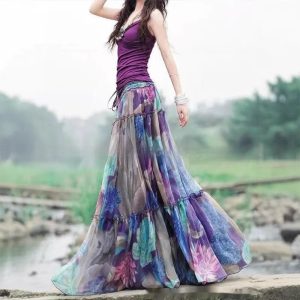 Printed Elastic Waist Slimming Skirt on woman walking outdoors