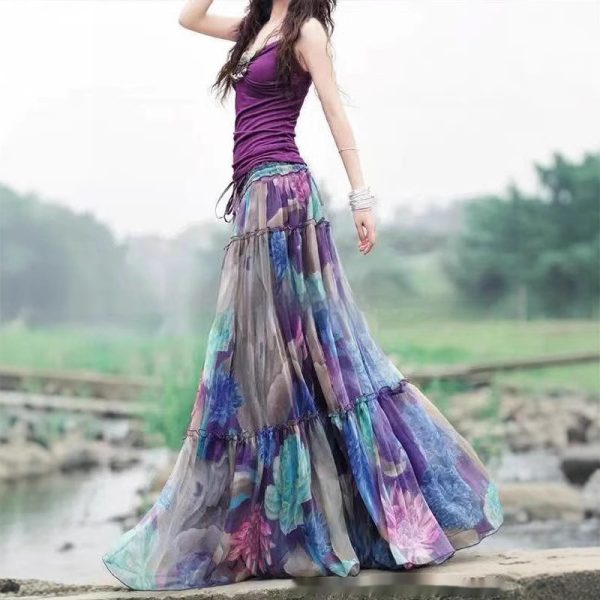 Printed Elastic Waist Slimming Skirt on woman walking outdoors