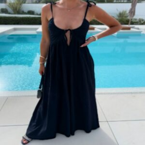 Women’s Solid Color Jacquard Deep V Sling Maxi Dress