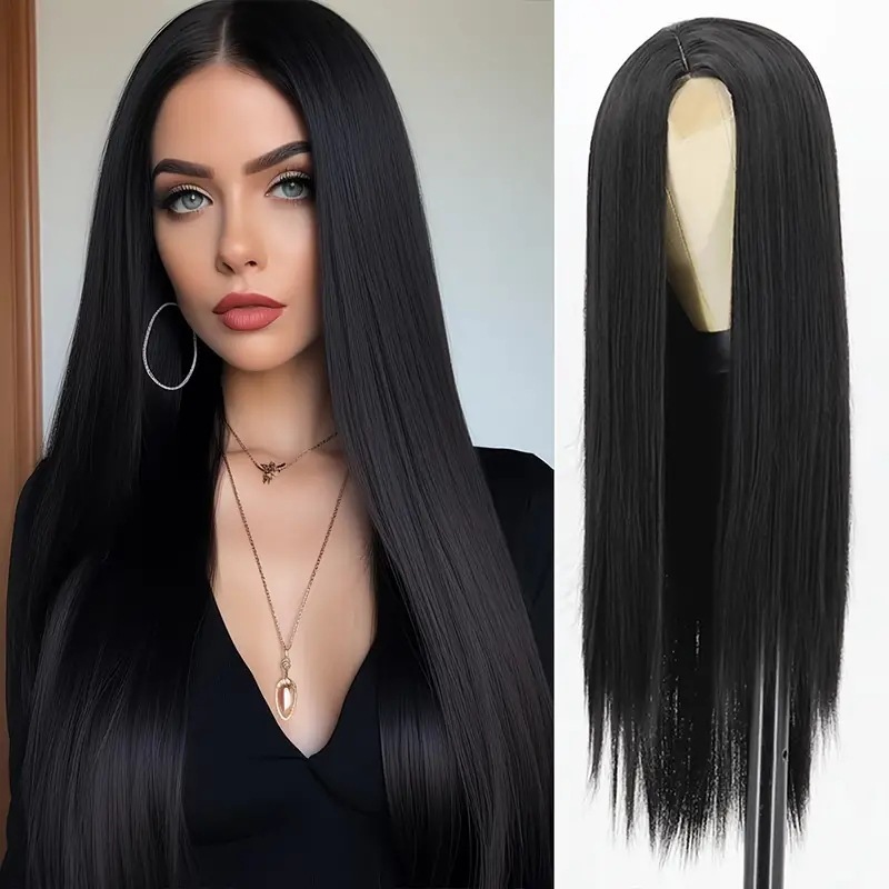 Mid-length Long Hair Black Long Straight Daily Wig front view