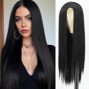 Mid-length Long Hair Black Long Straight Daily Wig front view